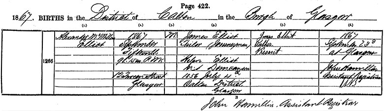 Birth Certificate of Alexander McMillan Elliott - 15 September 1867