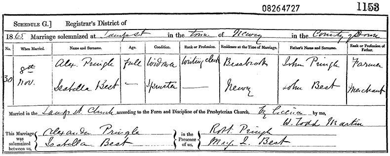 Marriage Certificate of Alexander Pringle and Isabella Best - 8 November 1865