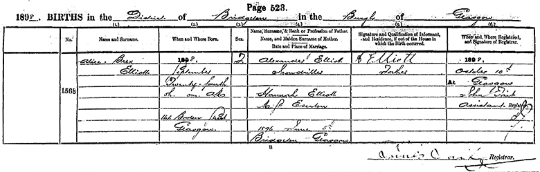 Birth Certificate of Alice Brex Elliott - 24 September 1898