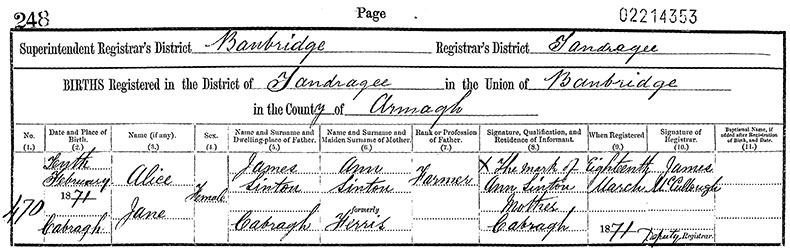 Birth Certificate of Alice Jane Sinton - 10 February 1871