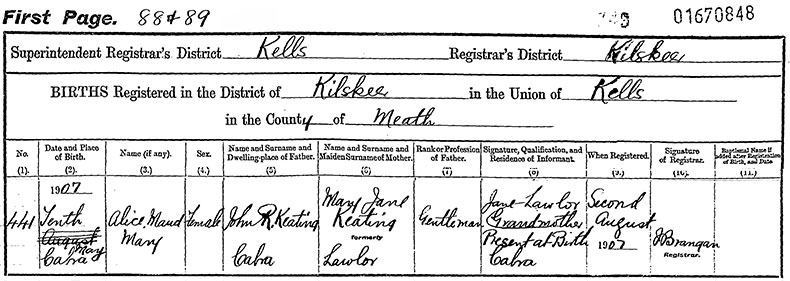 Birth Certificate of Alice Maud Mary Keating - 10 May 1907