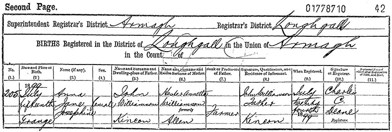 Birth Certificate of Anna Jane Josephine Williamson - 15 July 1899