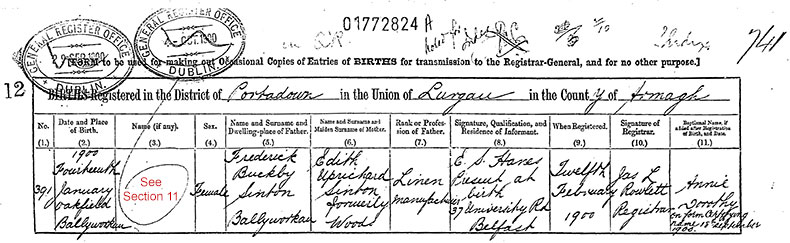 Birth Certificate of Annie Dorothy Sinton - 14 January 1900