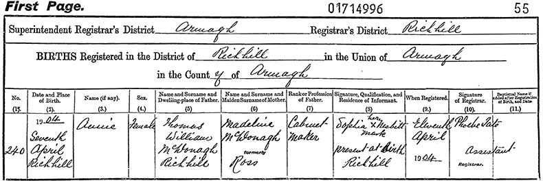 Birth Certificate of Ann McDonagh - 7 April 1904