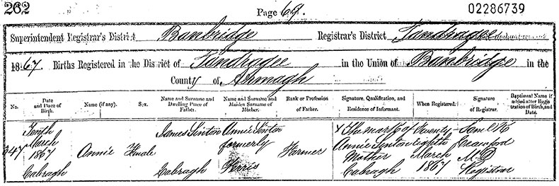 Birth Certificate of Annie Sinton - 10 March 1867