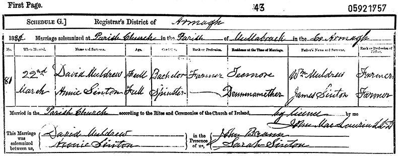 Marriage Certificate of David Muldrew and Annie Sinton - 22 March 1888