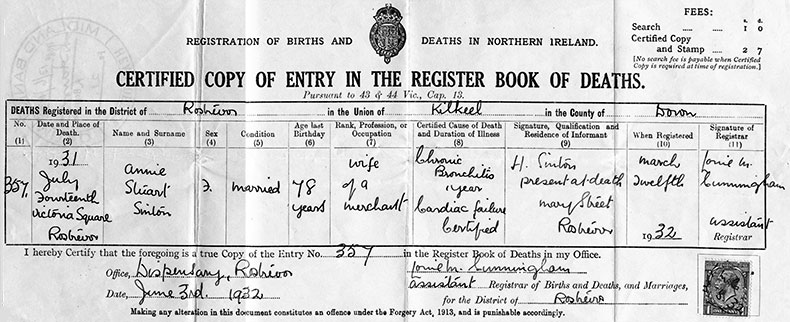Death Certificate of Annie Stuart Sinton {née McFadden) - 14 July 1931