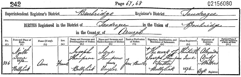 Birth Certificate of Birth Certificate of Ann Thompson - 9 June 1874