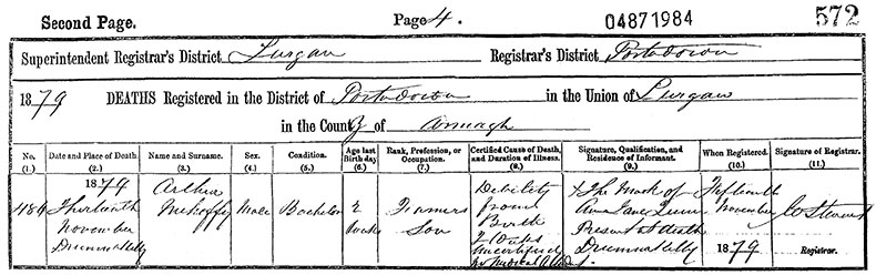 Death Certificate of Arthur Mehaffey - 13 November 1879