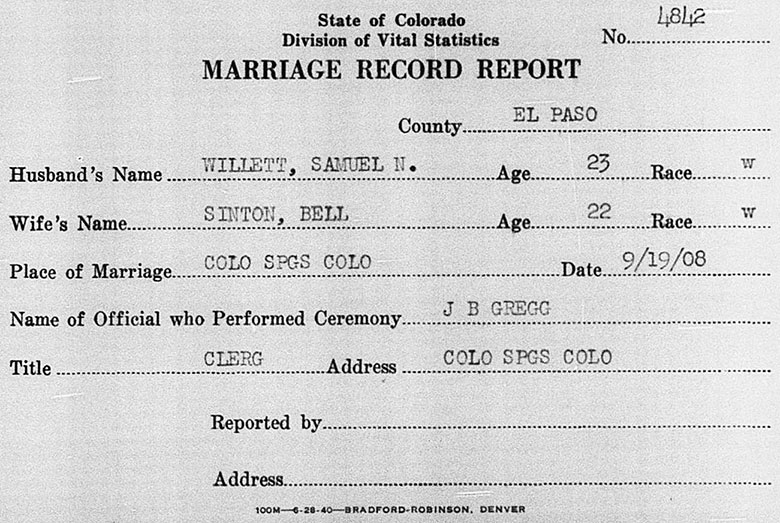 Marriage Record of Samuel N. Willett and Bell Sinton - 19 September 1908