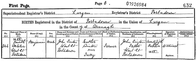 Birth Certificate of Benjamin Sinton - 4 October 1888