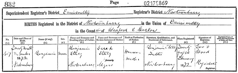 Birth Certificate of Benjamin Stacey - 29 November 1872