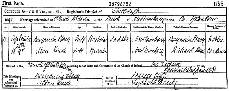 Marriage Certificate of Benjamin Stacey and Ellen Kinch - 28 September 1898