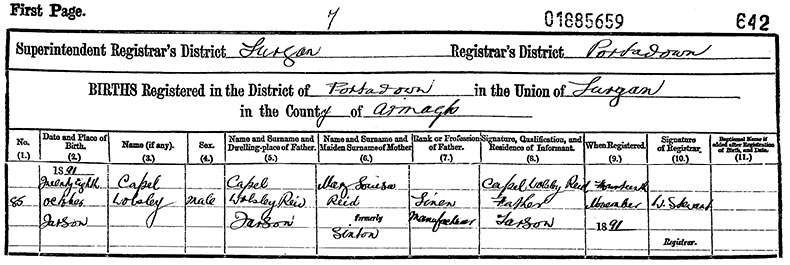 Birth Certificate of Capel Wolsely Reid - 28 October 1891