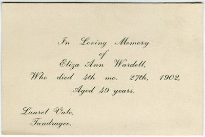 Card announcing the death of Eliza Ann Wardell