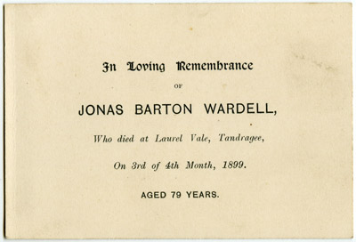 Card announcing the death of Jonas Barton Wardell