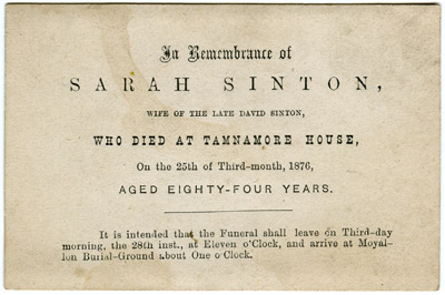Card announcing funeral arrangements for Sarah Sinton