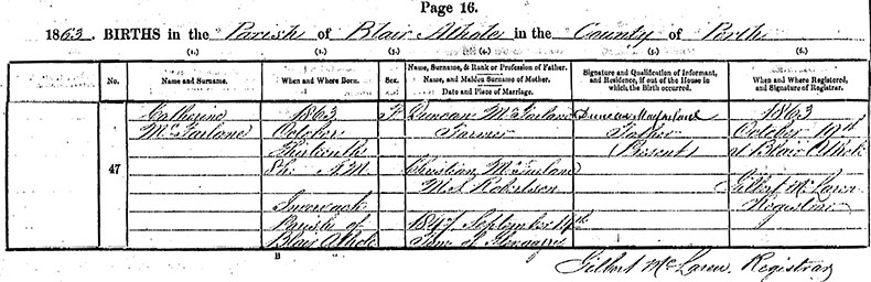 Birth Registration of Catherine MacFarlane - 13 October 1863