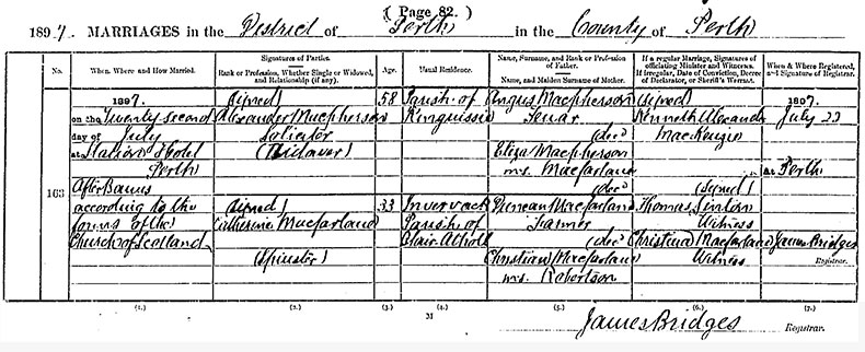 Marriage Registration of Alexander MacPherson and Catherine MacFarlane - 22 July 1897