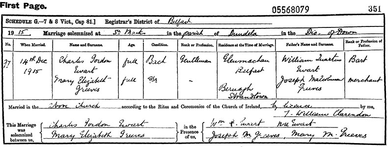 Marriage Certificate of Charles Gordon Ewart and Mary Elizabeth Greeves - 14 December 1915