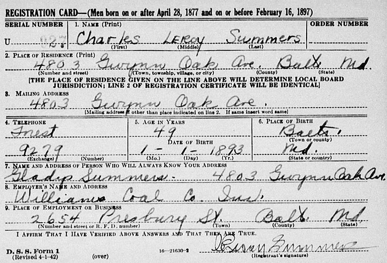 World War II Draft Registration of Charles Leroy Summers