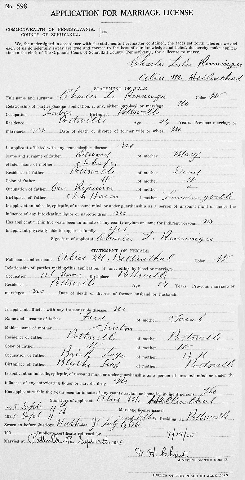Marriage License of Charles Leslie Renninger and Alice M. Hellenthal - 12 September 1925