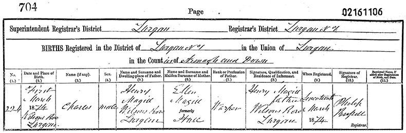 Birth Certificate of Charles Magill - 1 March 1874