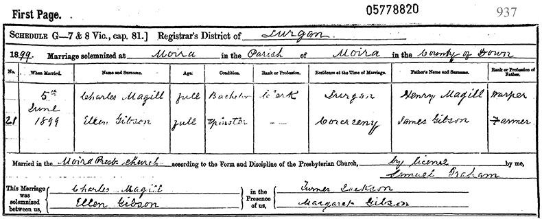 Marriage Certificate of Charles Magill and Ellen Gibson - 5 June 1899