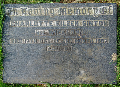 Headstone of Charlotte Eileen Sinton (née Wicklow) 1906 - 1987