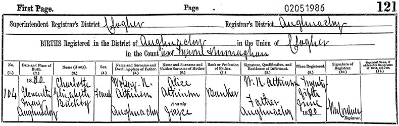 Birth Certificate of Charlotte Elizabeth Buckby Atkinson - 11 May 1880