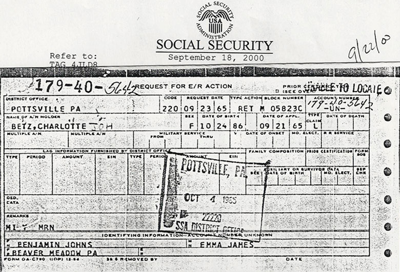 Social Security details for Charlotte Betz