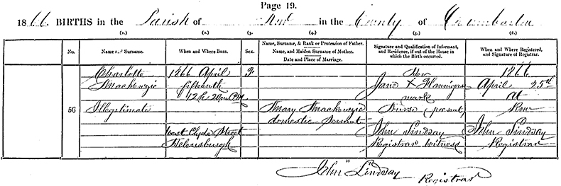 Birth Certificate of Charlotte McKenzie - 15 April 1866