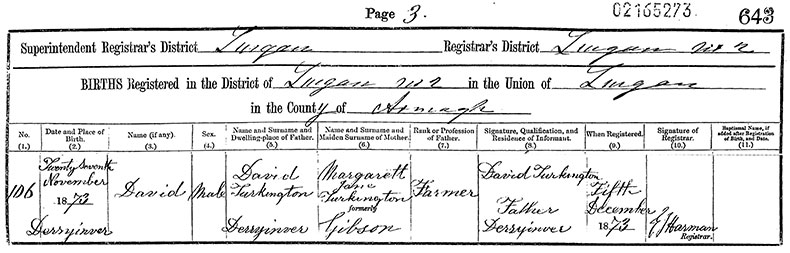 Birth Certificate of David Alfred Turkington - 27 November 1873