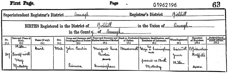 Birth Certificate of David Camblin - 29 May 1886