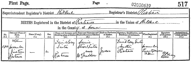 Birth Certificate of David Corry Sinton - 19 December 1881