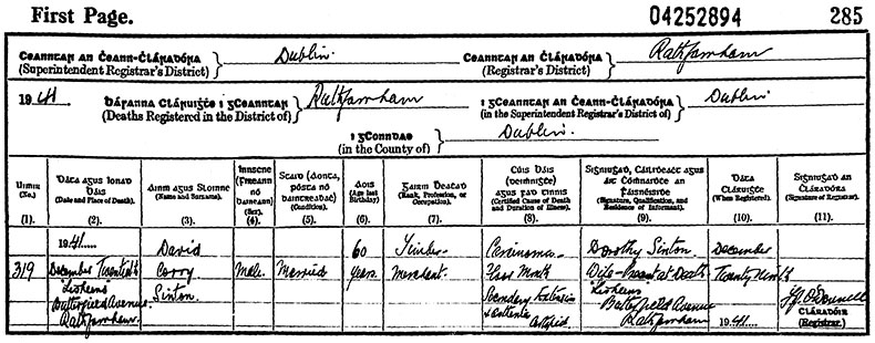 Death Certificate of David Corry Sinton - 20 December 1941
