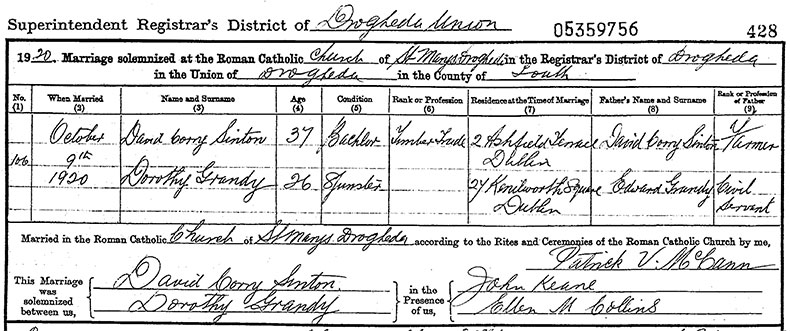 Marriage Certificate of David Corry Sinton and Dorothy Grandy - 9 October 1920
