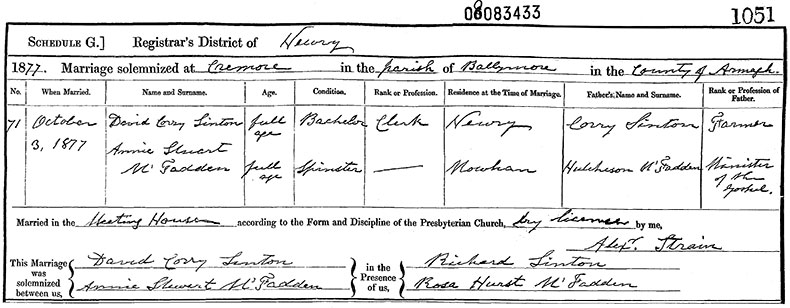 Marriage Certificate of David Corry Sinton and Annie Stuart McFadden - 3 October 1877