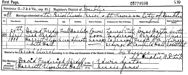 Marriage Certificate of David Frederick Wardell and Harriet Elizabeth Hall - 24 April 1899