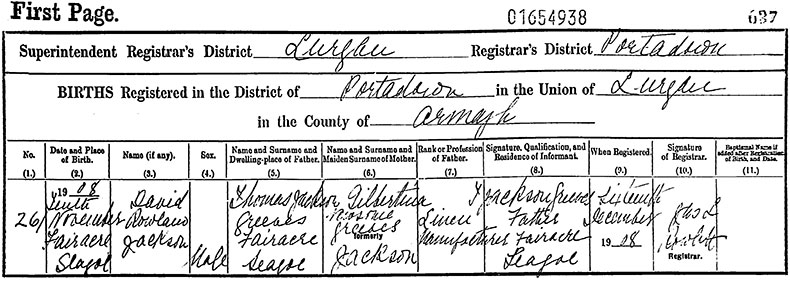 Birth Certificate of David Rowland Jackson Greeves - 10 October 1908