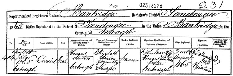 Birth Certificate of David Sinton - 12 July 1865 