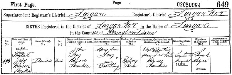 Birth Certificate of Dinah Long - 13 July 1880
