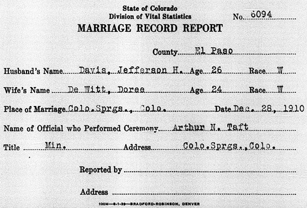 Marriage Record of Jefferson H. Davis and Doree De Witt - 28 December 1910