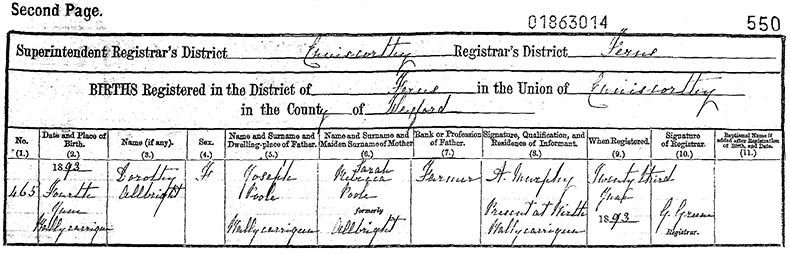 Birth Certificate of Dorothy Albright Poole - 4 Jun 1893