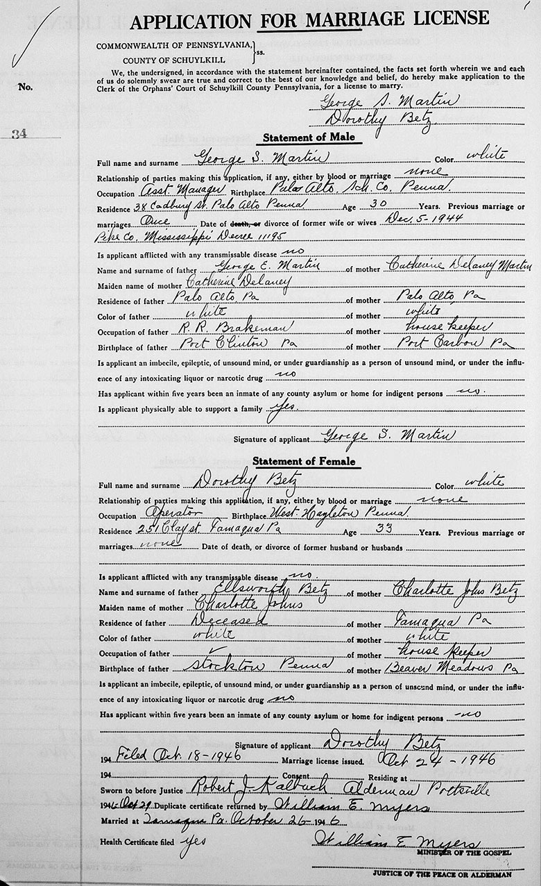 Marriage certificate of George Sterling Martin and Dorothy Betz