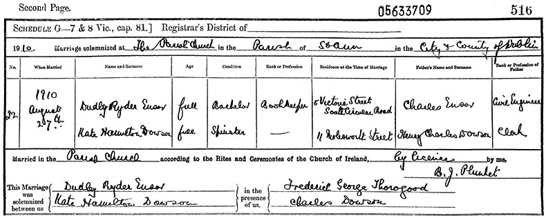 Marriage Certificate of Dudley Ryder Ensor and Kate Hamilton Dawson - 27 August 1910