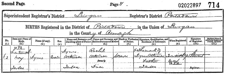 Birth Certificate of Dynes Atkinson - 17 May 1882