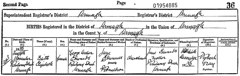 Birth Certificate of Edith Elizabeth Edwards - 12 November 1886