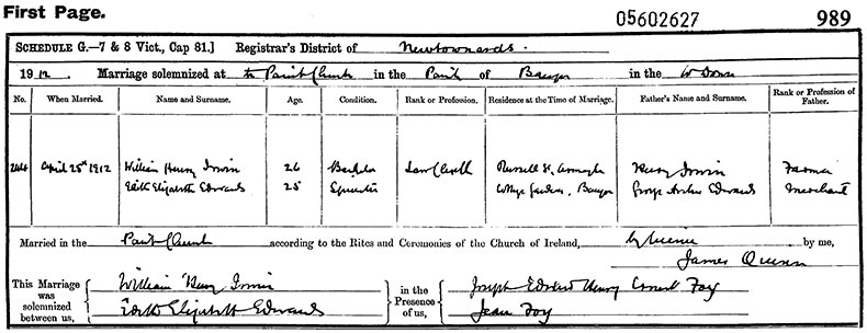 Marriage Certificate of William Henry Irwin and Edith Elizabeth Edwards - 25 April 1912