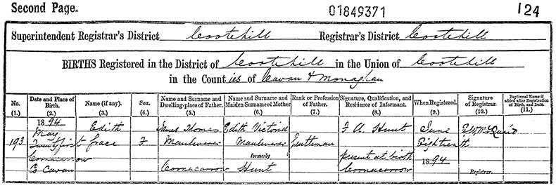 Birth Certificate of Edith Grace Mauleverer - 21 May 1894